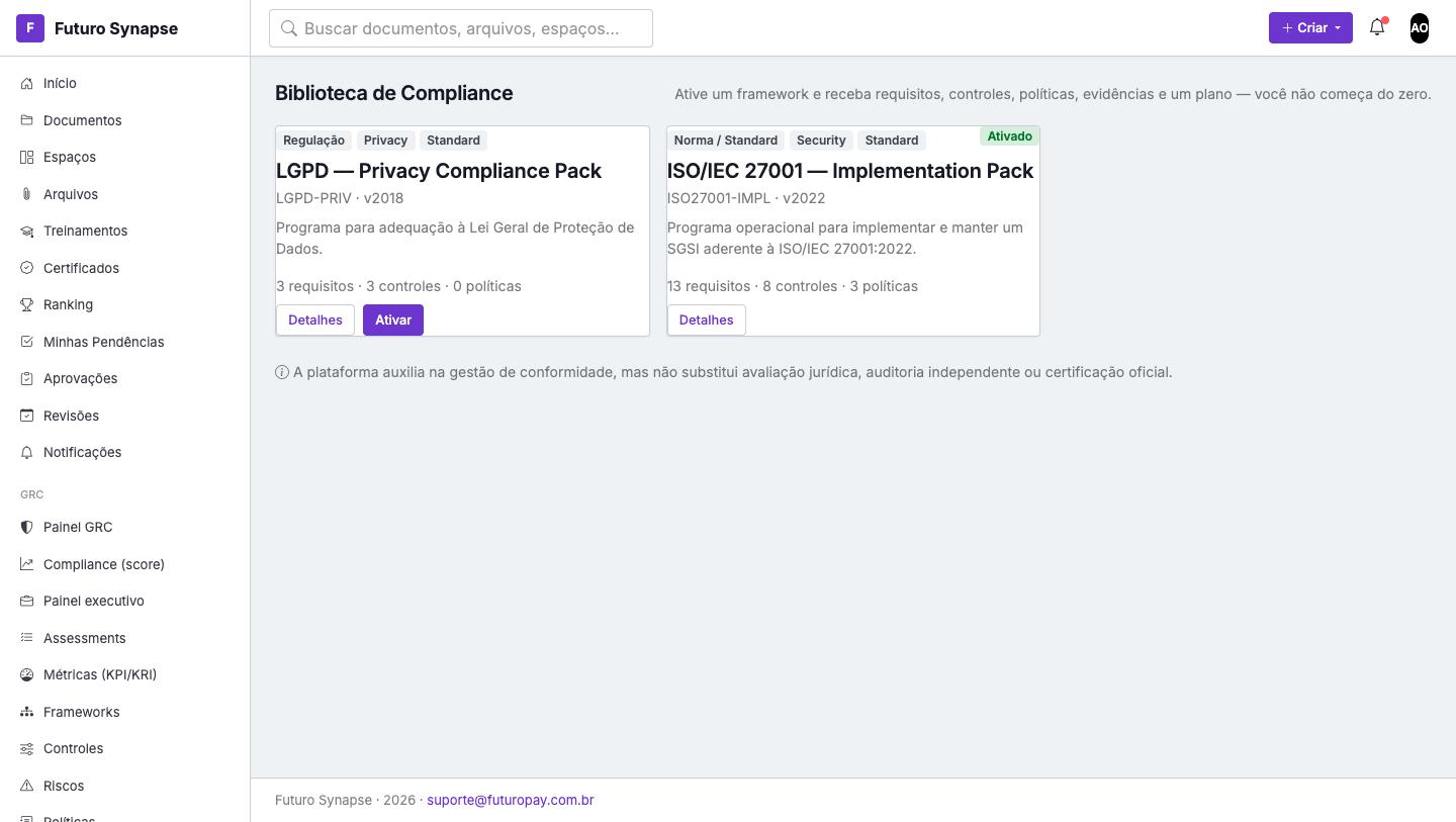 Biblioteca de Compliance Packs com LGPD e ISO/IEC 27001 disponíveis para ativação